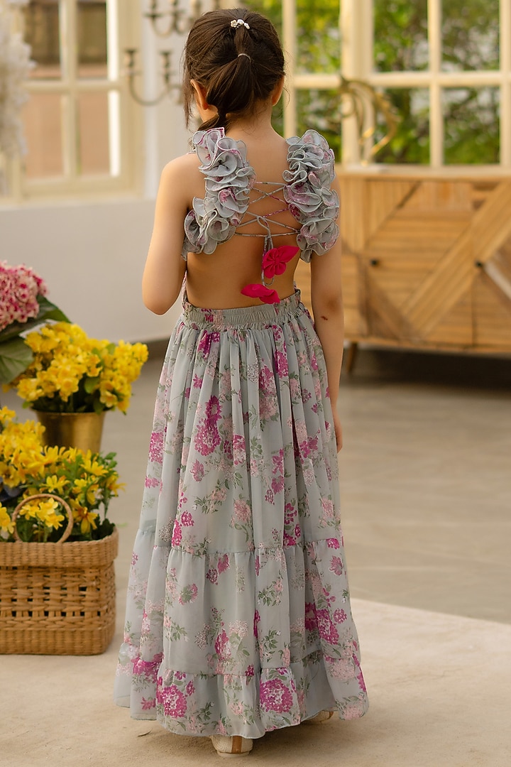 Green Chiffon Floral Printed Frilled Dress For Girls by Fayon Kids at Pernia's Pop Up Shop