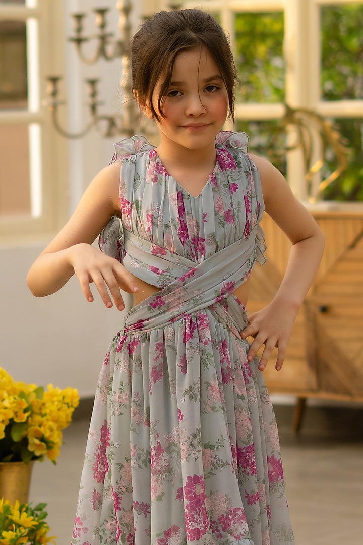 Green Chiffon Floral Printed Frilled Dress For Girls by Fayon Kids at Pernia's Pop Up Shop