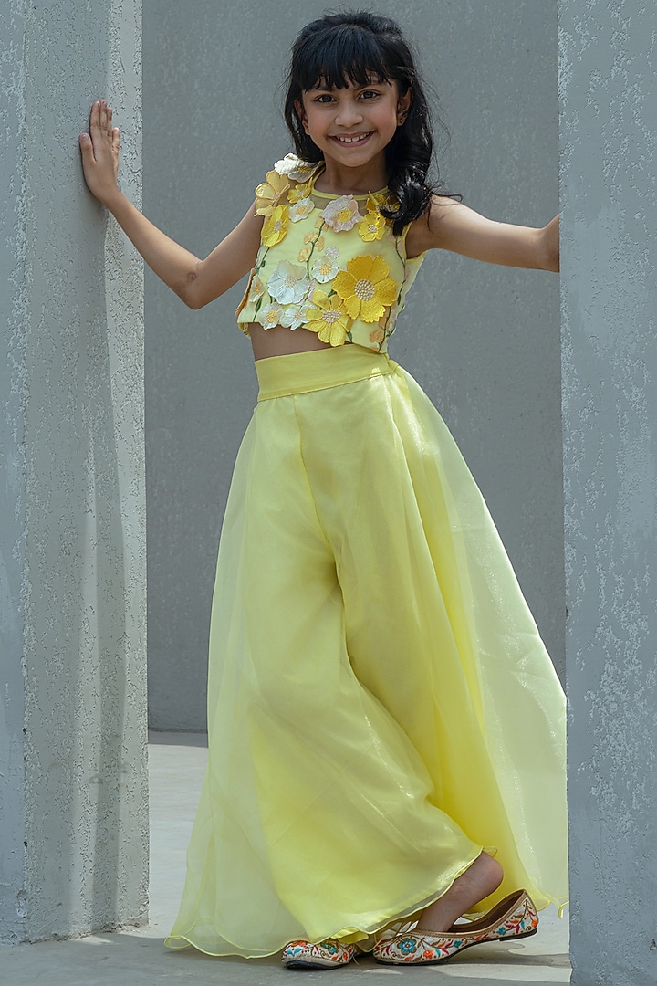 Yellow Organza Palazzo Pant Set For Girls by Fayon Kids at Pernia's Pop Up Shop