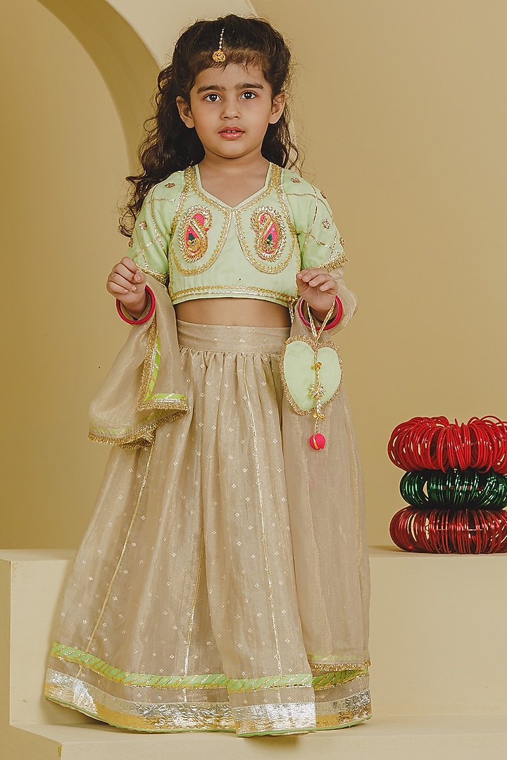 Green Tissue Organza Gota Lace Lehenga Set For Girls by Fayon Kids at Pernia's Pop Up Shop