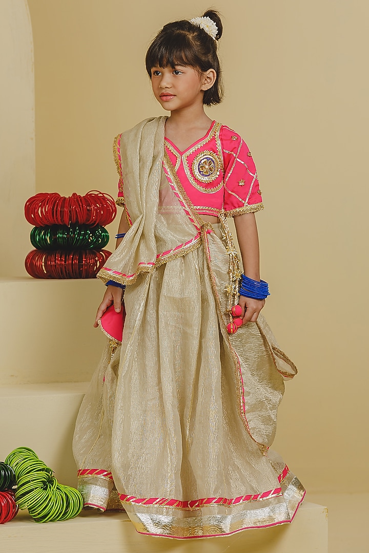 Pink Tissue Organza Gota Lace Lehenga Set For Girls by Fayon Kids at Pernia's Pop Up Shop