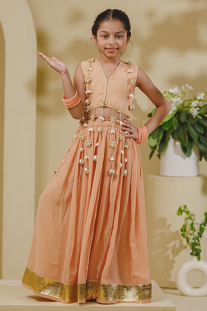 Peach Georgette Lace & Tassel Lehenga Set For Girls by Fayon Kids at Pernia's Pop Up Shop