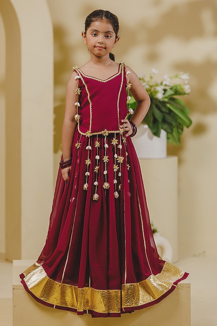 Maroon Georgette Lace & Tassel Lehenga Set For Girls by Fayon Kids at Pernia's Pop Up Shop