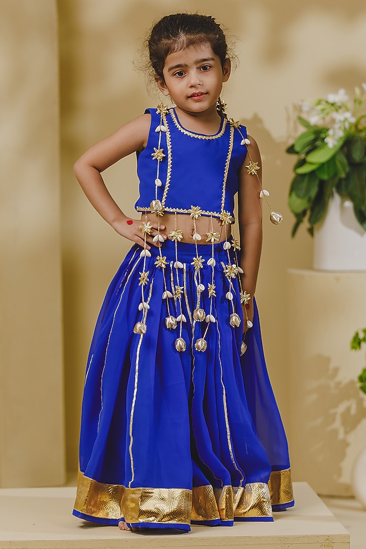 Blue Georgette Lace & Tassel Lehenga Set For Girls by Fayon Kids at Pernia's Pop Up Shop