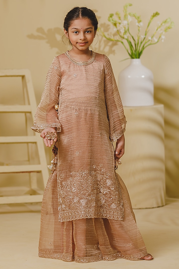 Peach Tissue Organza Sharara Set For Girls by Fayon Kids at Pernia's Pop Up Shop