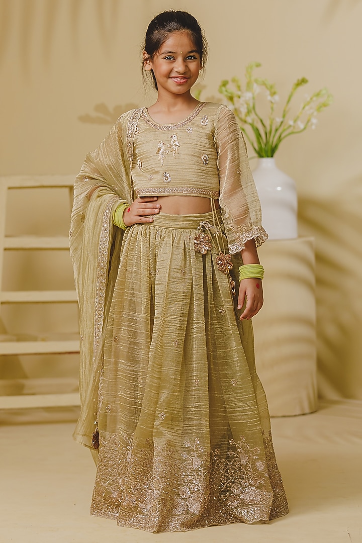 Pista Green Tissue Organza Embroidered Lehenga Set For Girls by Fayon Kids at Pernia's Pop Up Shop