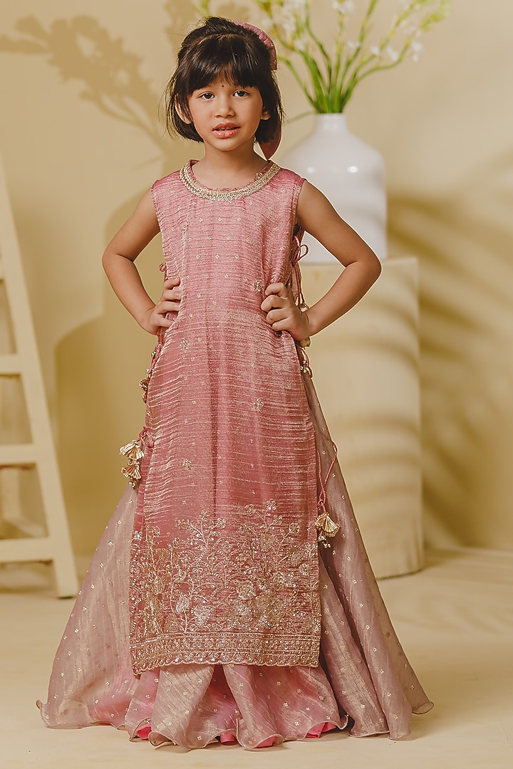Pink Tissue Organza Embroidered Anarkali Set For Girls by Fayon Kids at Pernia's Pop Up Shop
