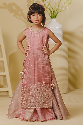 Pink Tissue Organza Embroidered Anarkali Set For Girls by Fayon Kids