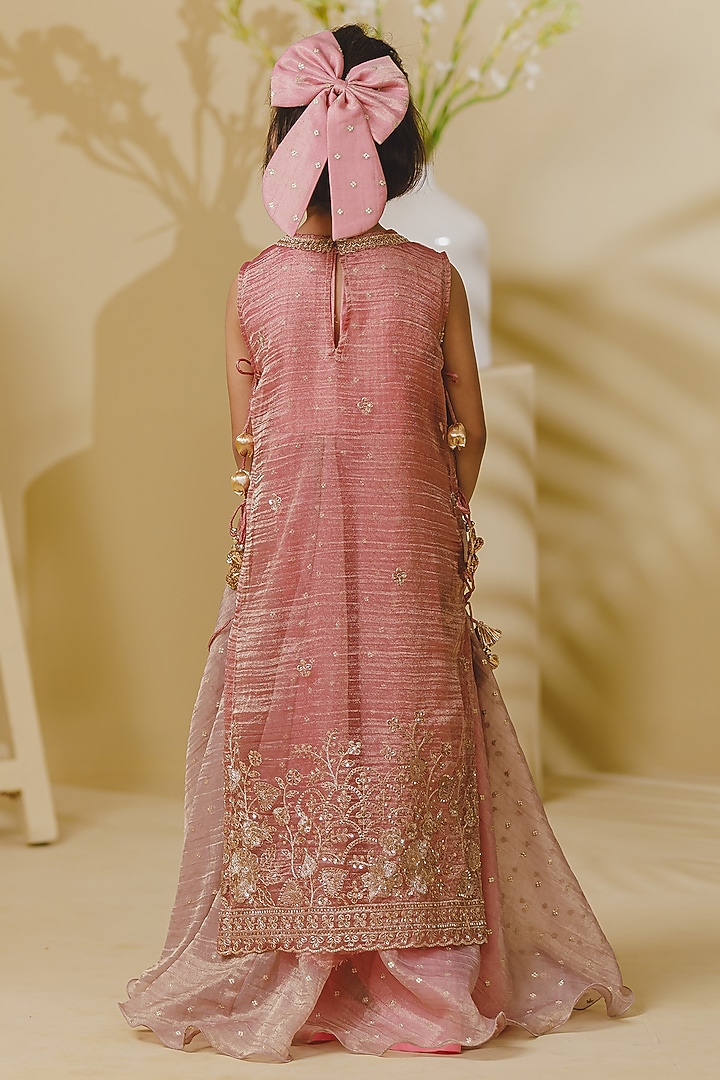 Pink Tissue Organza Embroidered Anarkali Set For Girls by Fayon Kids at Pernia's Pop Up Shop