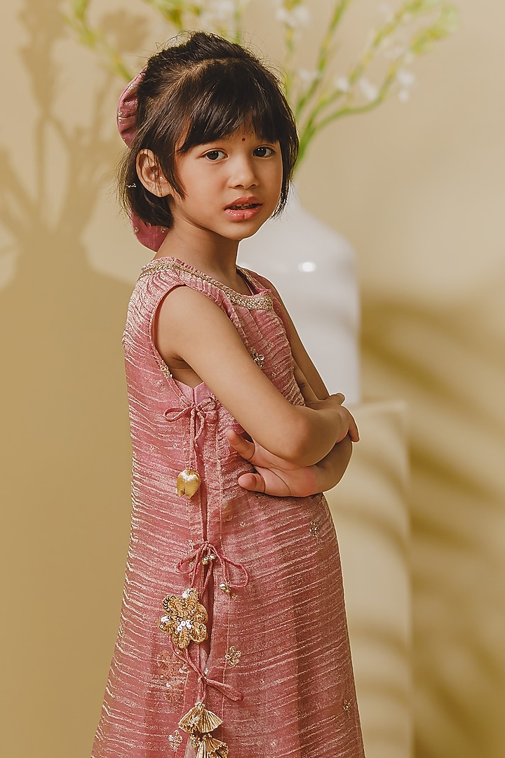 Pink Tissue Organza Embroidered Anarkali Set For Girls by Fayon Kids at Pernia's Pop Up Shop