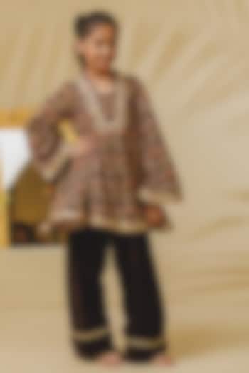 Brown Velvet Lace Embellished Kurta Set For Girls by Fayon Kids at Pernia's Pop Up Shop