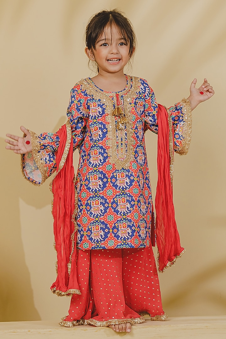 Blue Cotton Lace Embellished Sharara Set For Girls by Fayon Kids at Pernia's Pop Up Shop