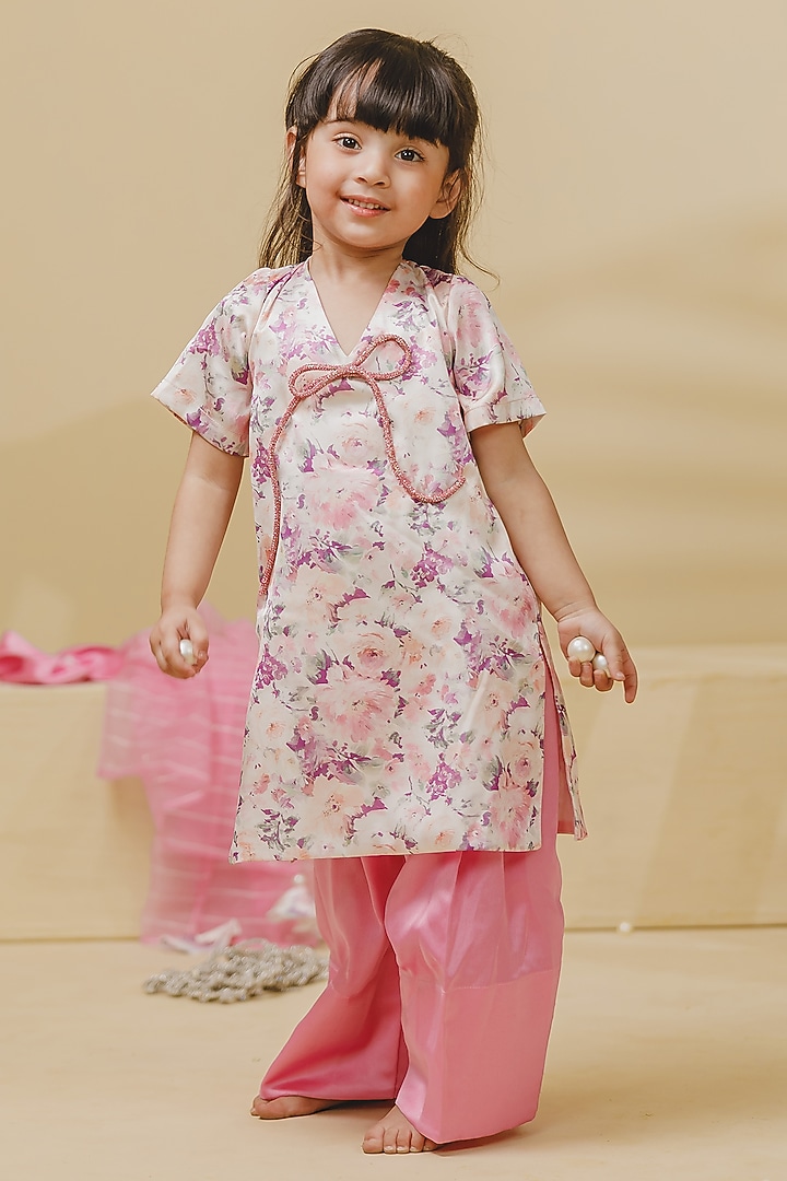 Pink Satin Floral Printed Kurta Set For Girls by Fayon Kids at Pernia's Pop Up Shop