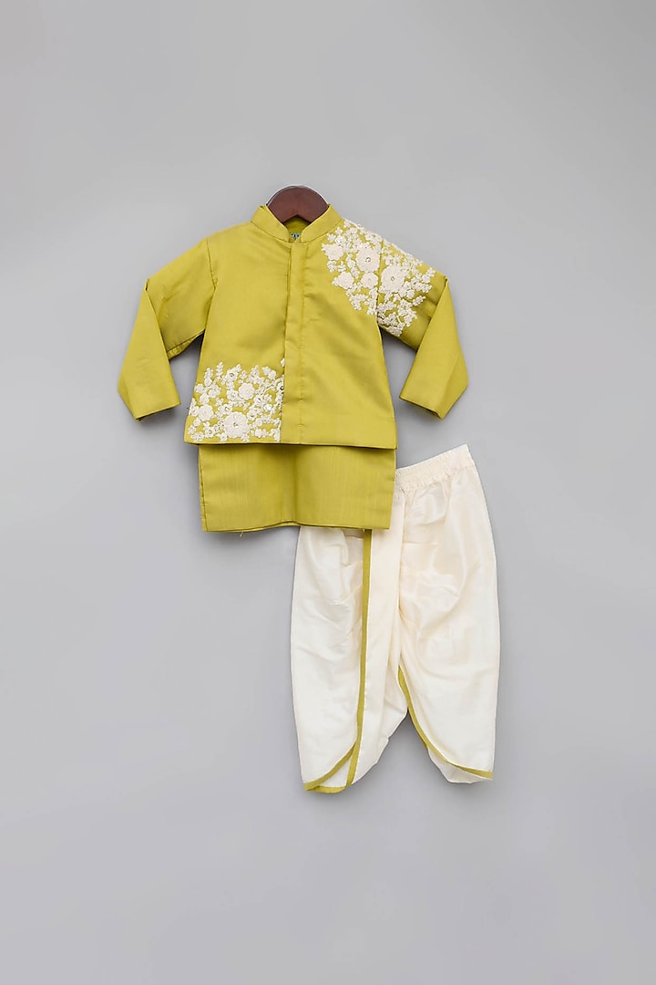 Green Embroidered Jacket & Kurta Set For Boys by Fayon Kids