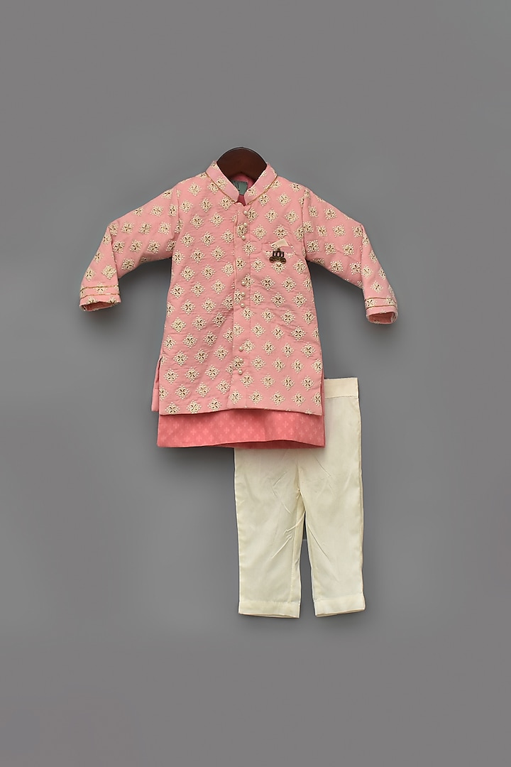 Pink Embroidered Jacket & Kurta Set For Boys by Fayon Kids