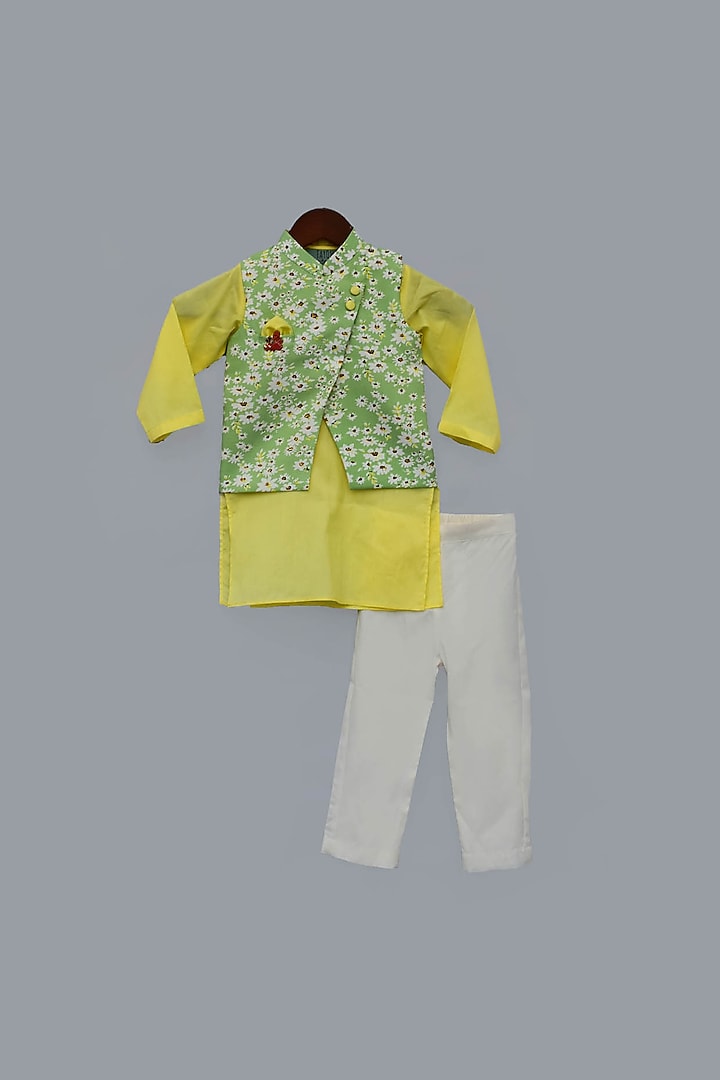 Green & Yellow Printed Jacket Set For Boys by Fayon Kids
