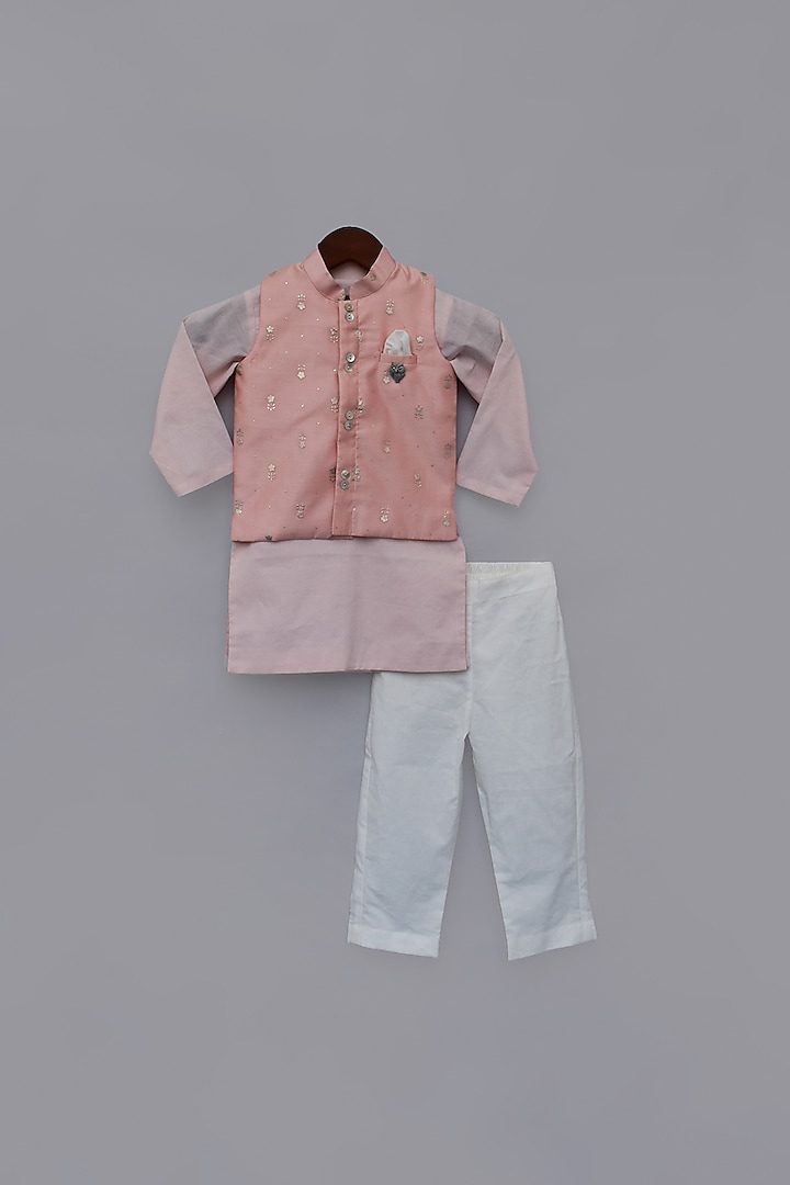Peach Printed Jacket & Kurta Set For Boys by Fayon Kids