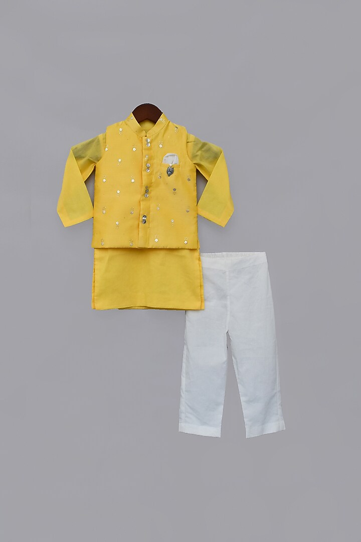 Yellow Printed Jacket & Kurta Set For Boys by Fayon Kids