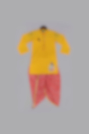 Yellow Kurta With Red Dhoti For Boys by Fayon Kids