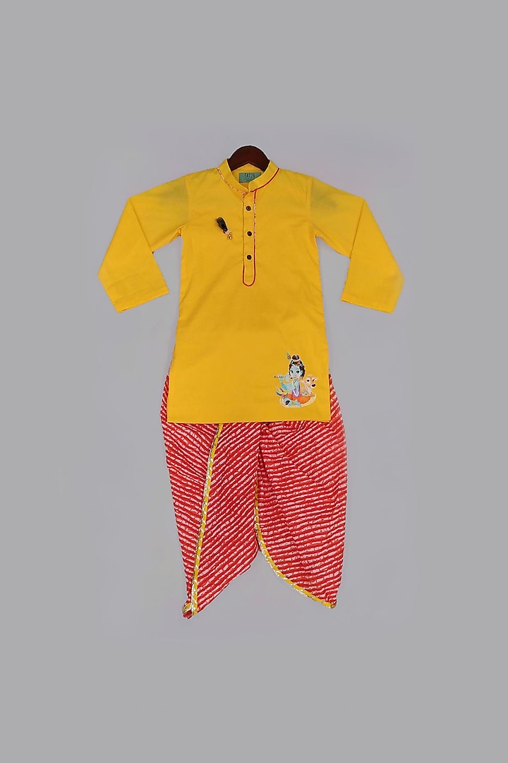 Yellow Kurta With Red Dhoti For Boys by Fayon Kids
