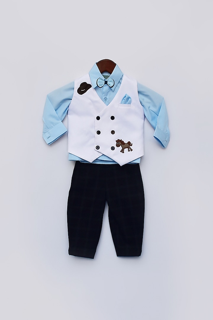 White & Blue Printed Waist Coat Set For Boys by Fayon Kids