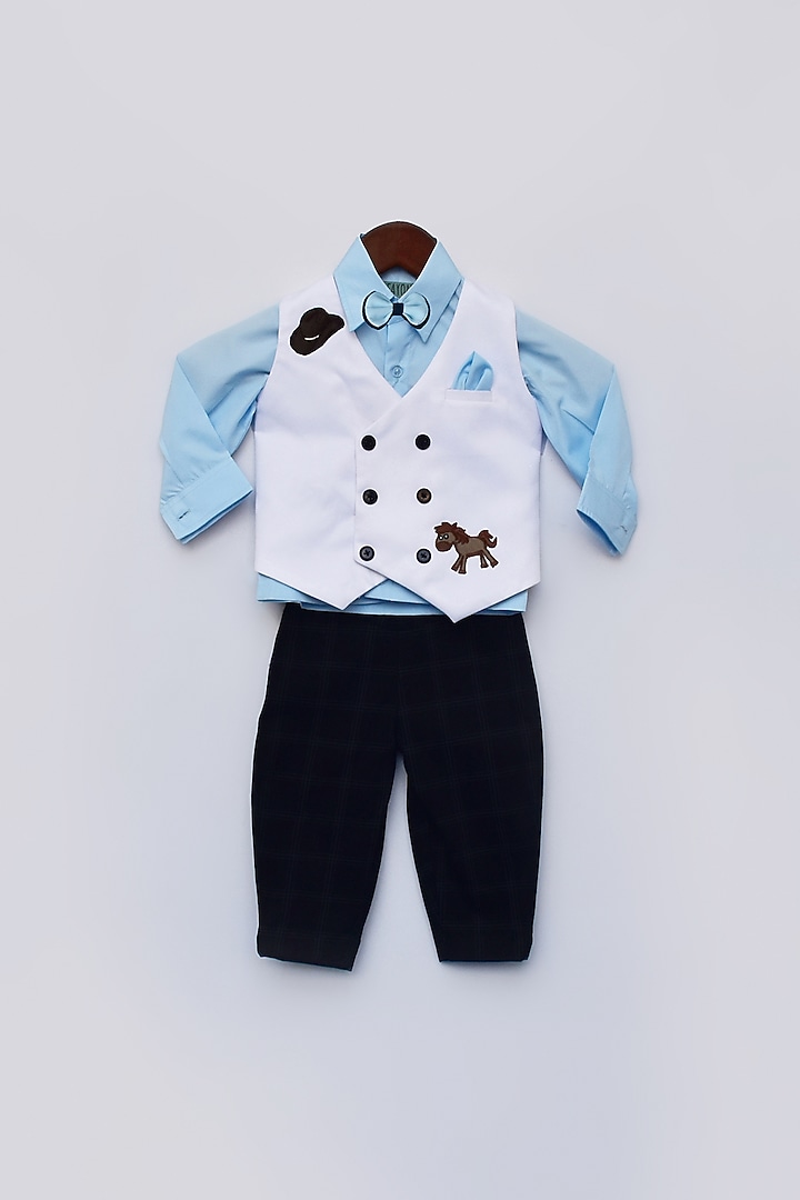 White & Blue Printed Waist Coat Set For Boys by Fayon Kids at Pernia's Pop Up Shop
