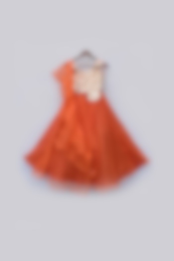 Orange & Gold Sequins Lehenga Set For Girls by Fayon Kids