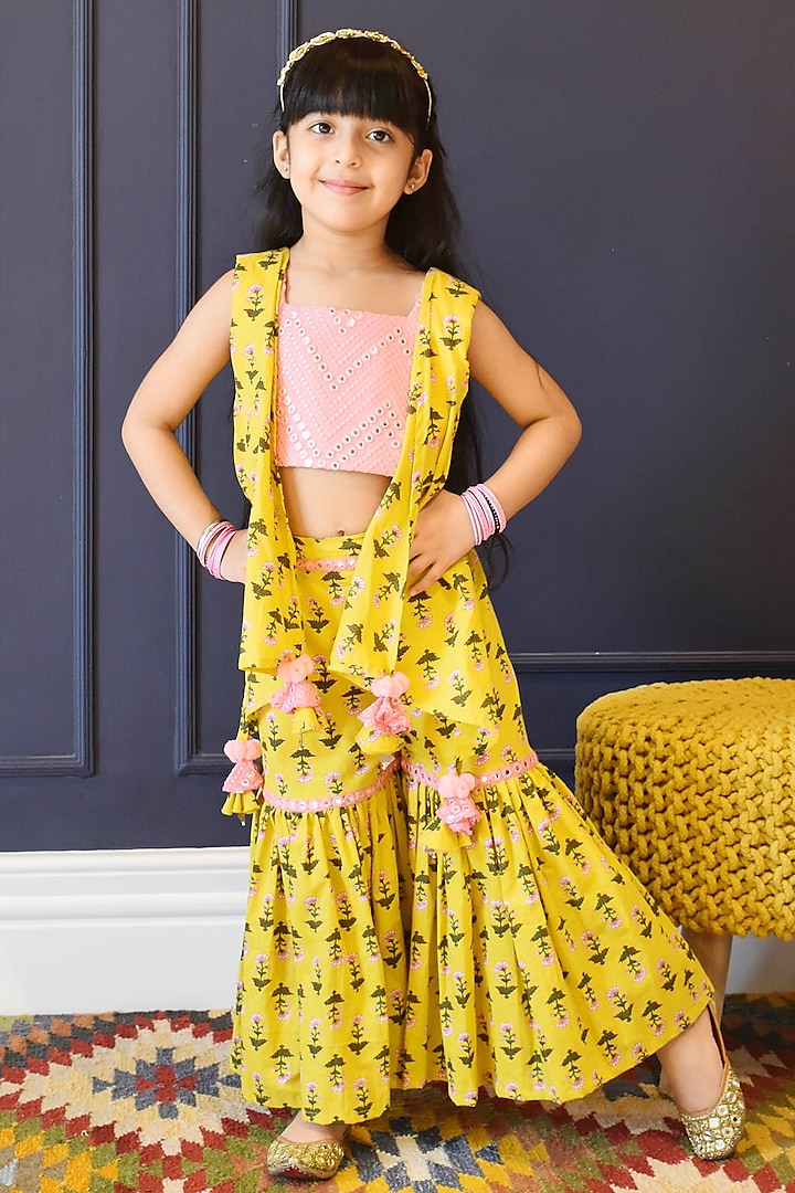 Yellow Printed Sharara Set For Girls by Fayon Kids at Pernia's Pop Up Shop