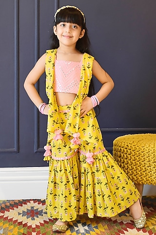 Yellow Cotton Printed Sharara Set For Girls by Fayon Kids