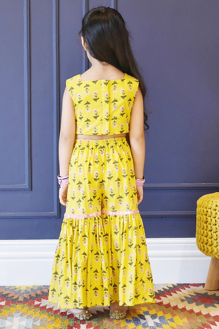 Yellow Cotton Printed Sharara Set For Girls by Fayon Kids at Pernia's Pop Up Shop