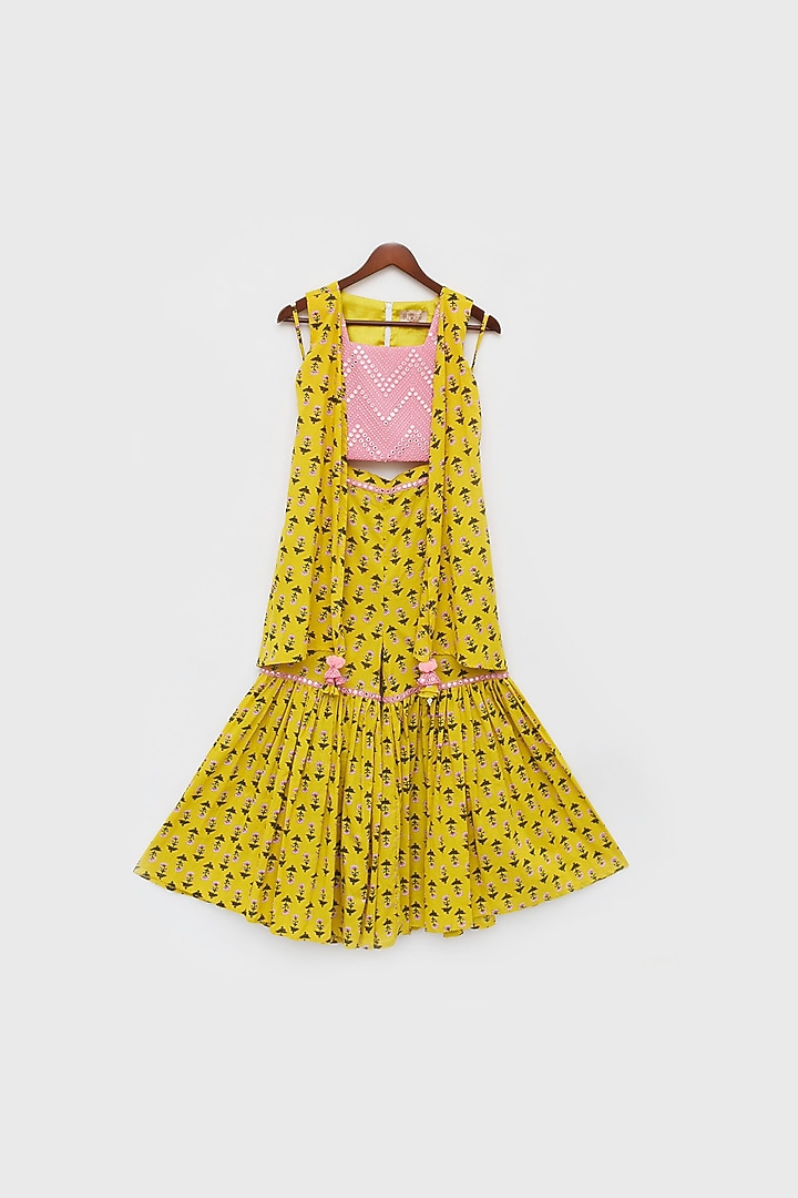 Yellow Cotton Printed Sharara Set For Girls by Fayon Kids at Pernia's Pop Up Shop