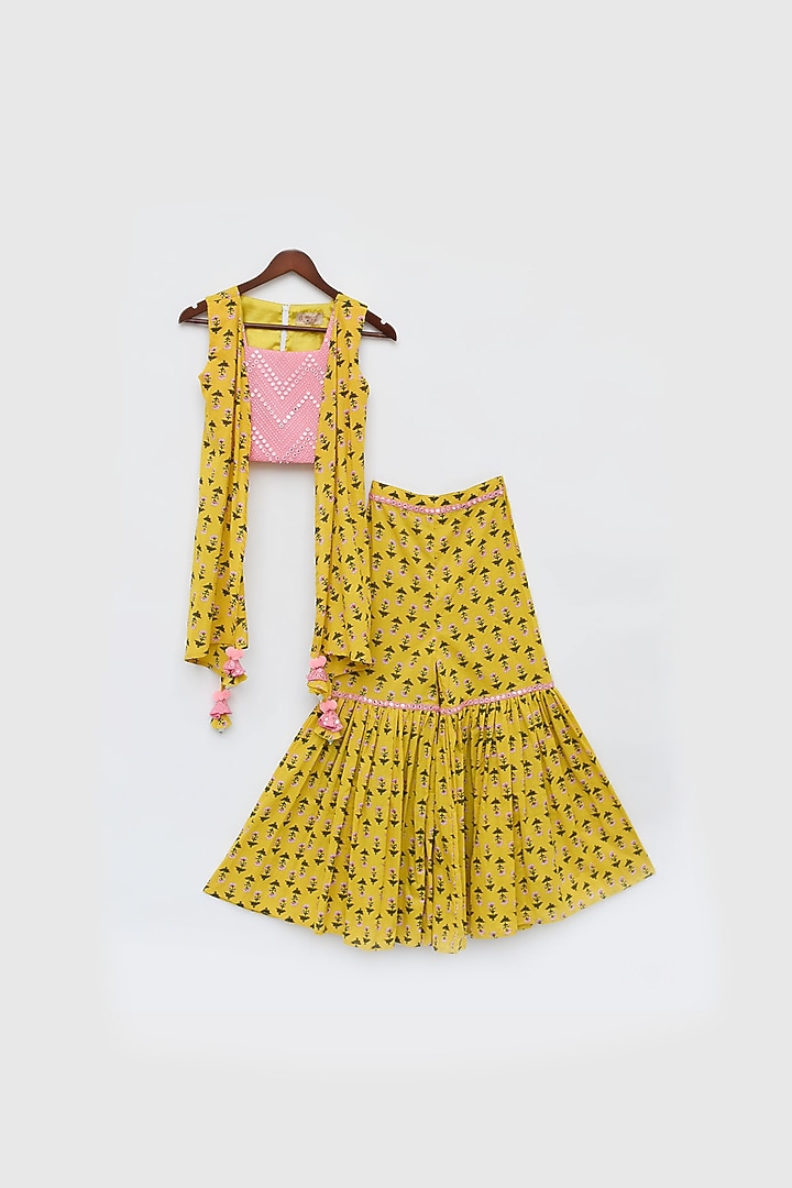 Yellow Cotton Printed Sharara Set For Girls by Fayon Kids at Pernia's Pop Up Shop