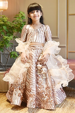 Peach Net Embroidered Lehenga Set For Girls by Fayon Kids