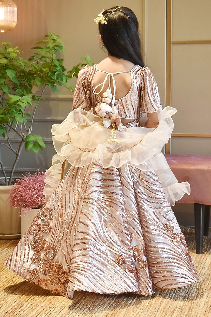Peach Net Embroidered Lehenga Set For Girls by Fayon Kids at Pernia's Pop Up Shop