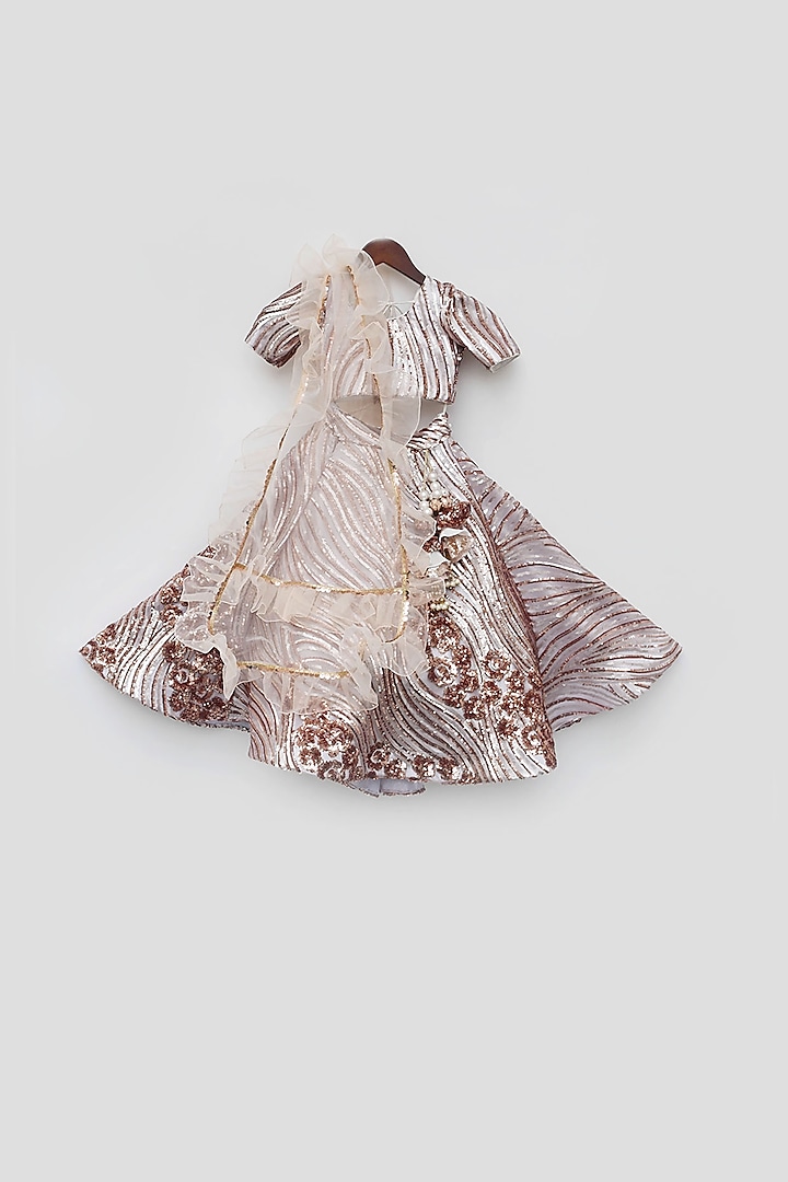 Peach Net Embroidered Lehenga Set For Girls by Fayon Kids at Pernia's Pop Up Shop