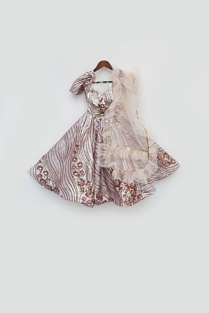 Peach Net Embroidered Lehenga Set For Girls by Fayon Kids at Pernia's Pop Up Shop