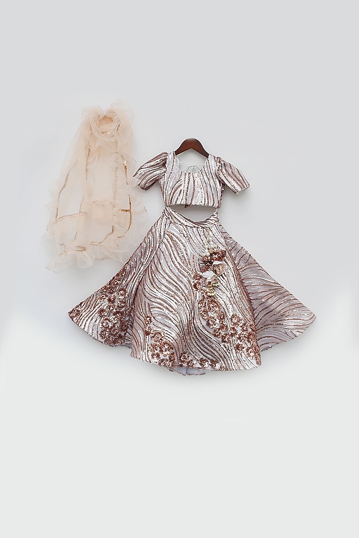 Peach Net Embroidered Lehenga Set For Girls by Fayon Kids at Pernia's Pop Up Shop