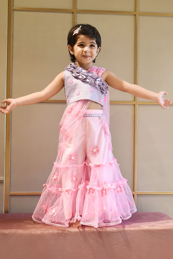 Pink Embroidered Sharara Set For Girls by Fayon Kids