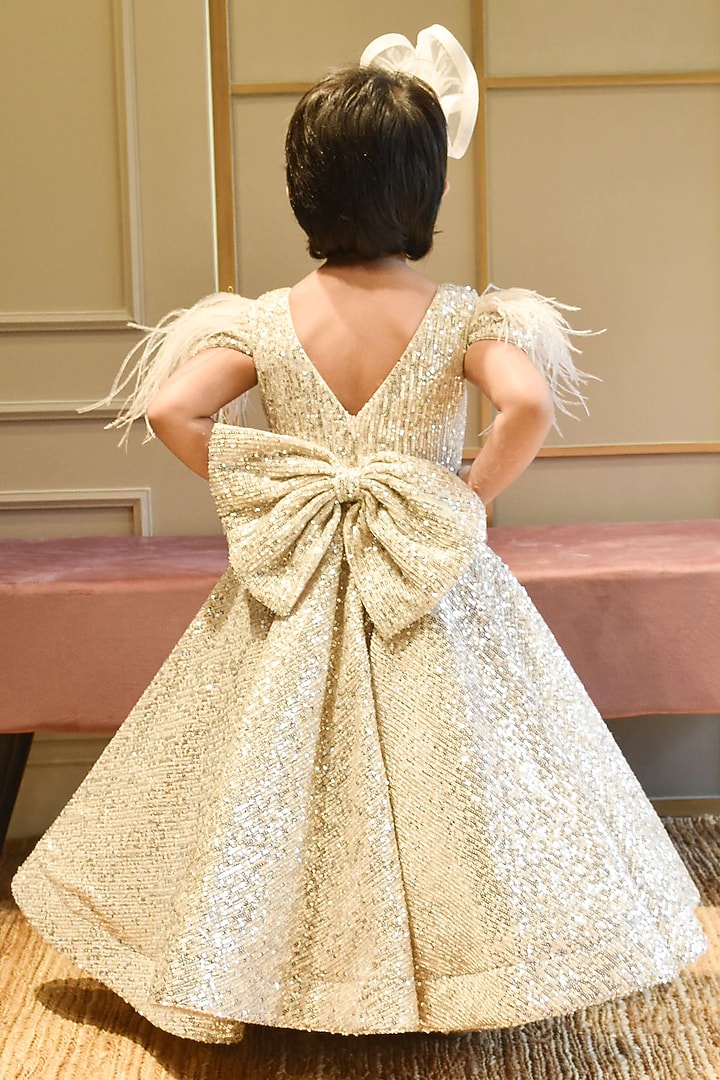 Golden Net Sequins Embroidered Gown For Girls by Fayon Kids at Pernia's Pop Up Shop