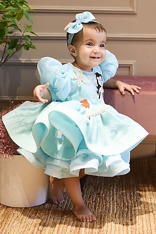 Aqua Blue Organza Motif Dress For Girls by Fayon Kids