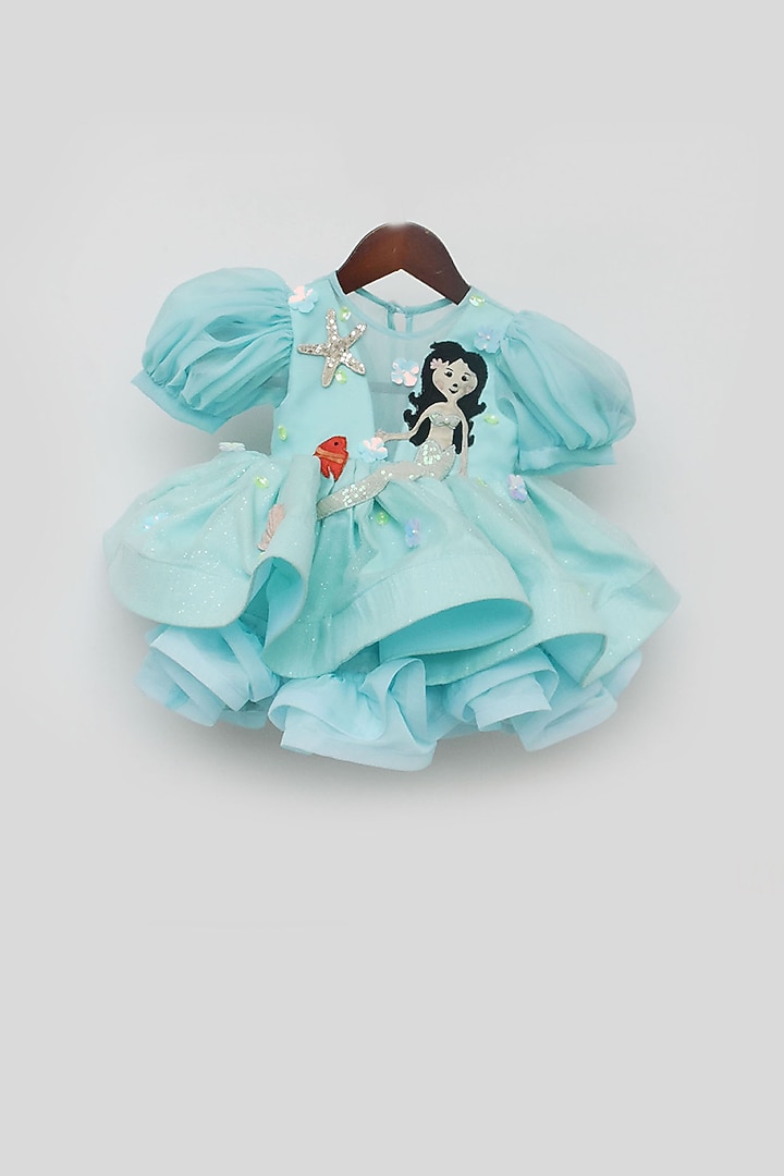 Aqua Blue Organza Motif Dress For Girls by Fayon Kids at Pernia's Pop Up Shop