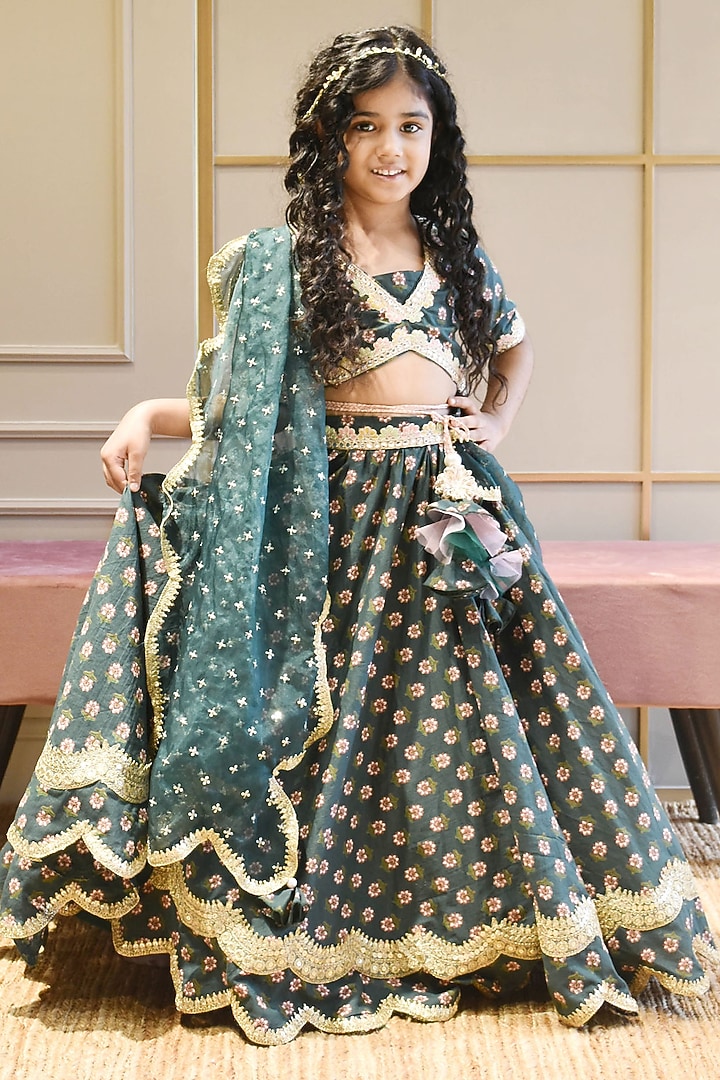 Green Cotton Printed Lehenga Set For Girls by Fayon Kids at Pernia's Pop Up Shop