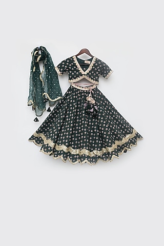 Green Cotton Printed Lehenga Set For Girls by Fayon Kids