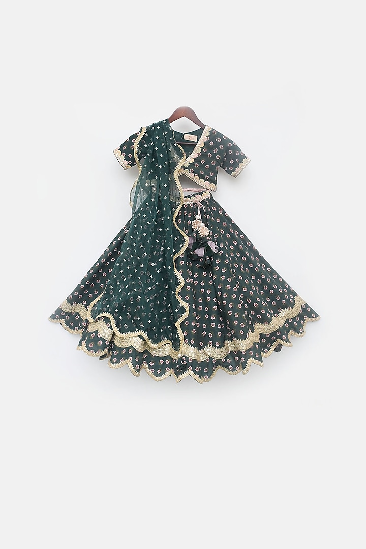 Green Cotton Printed Lehenga Set For Girls by Fayon Kids at Pernia's Pop Up Shop