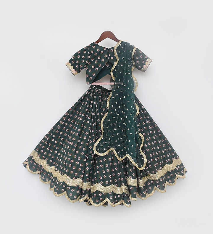 Green Cotton Printed Lehenga Set For Girls by Fayon Kids at Pernia's Pop Up Shop