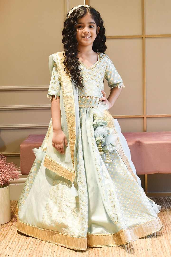 Blue Chanderi Golden Work Lehenga Set For Girls by Fayon Kids at Pernia's Pop Up Shop