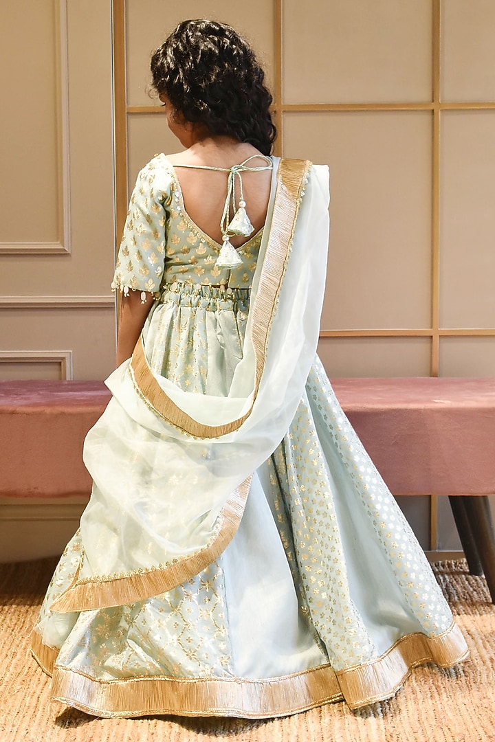 Blue Chanderi Golden Work Lehenga Set For Girls by Fayon Kids at Pernia's Pop Up Shop
