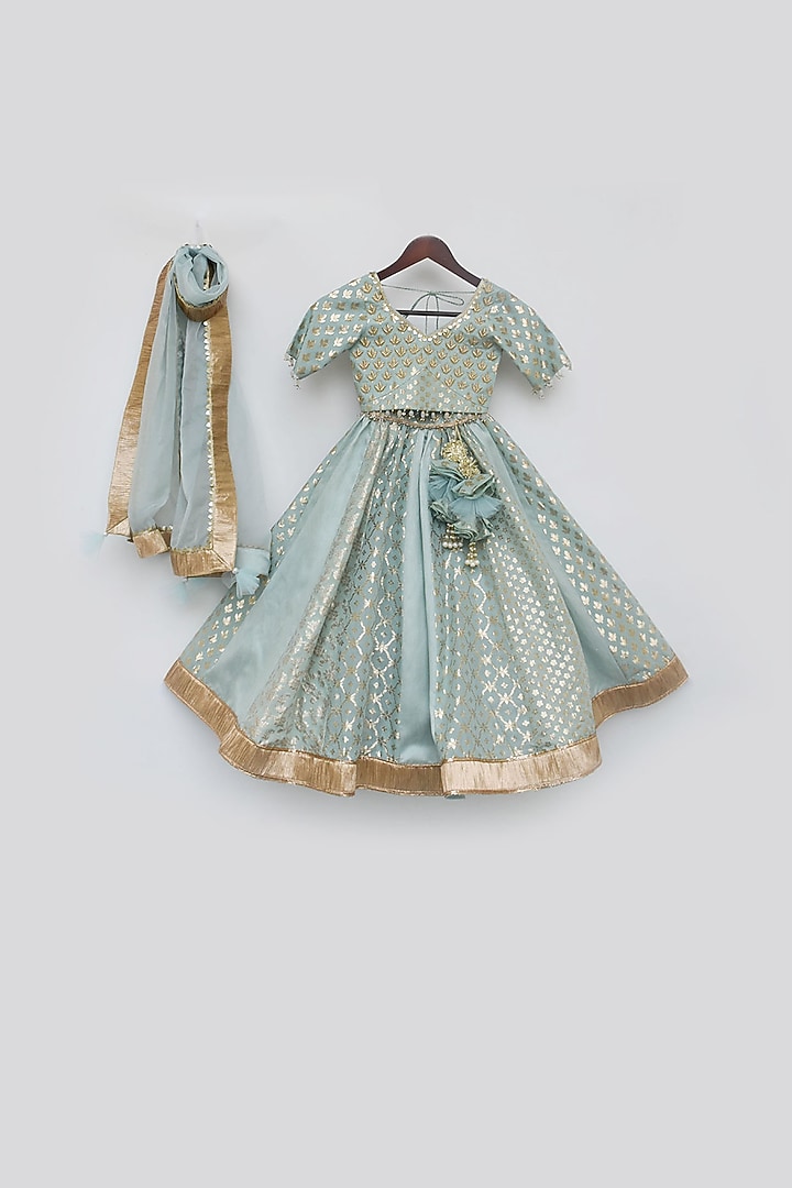 Blue Chanderi Golden Work Lehenga Set For Girls by Fayon Kids at Pernia's Pop Up Shop