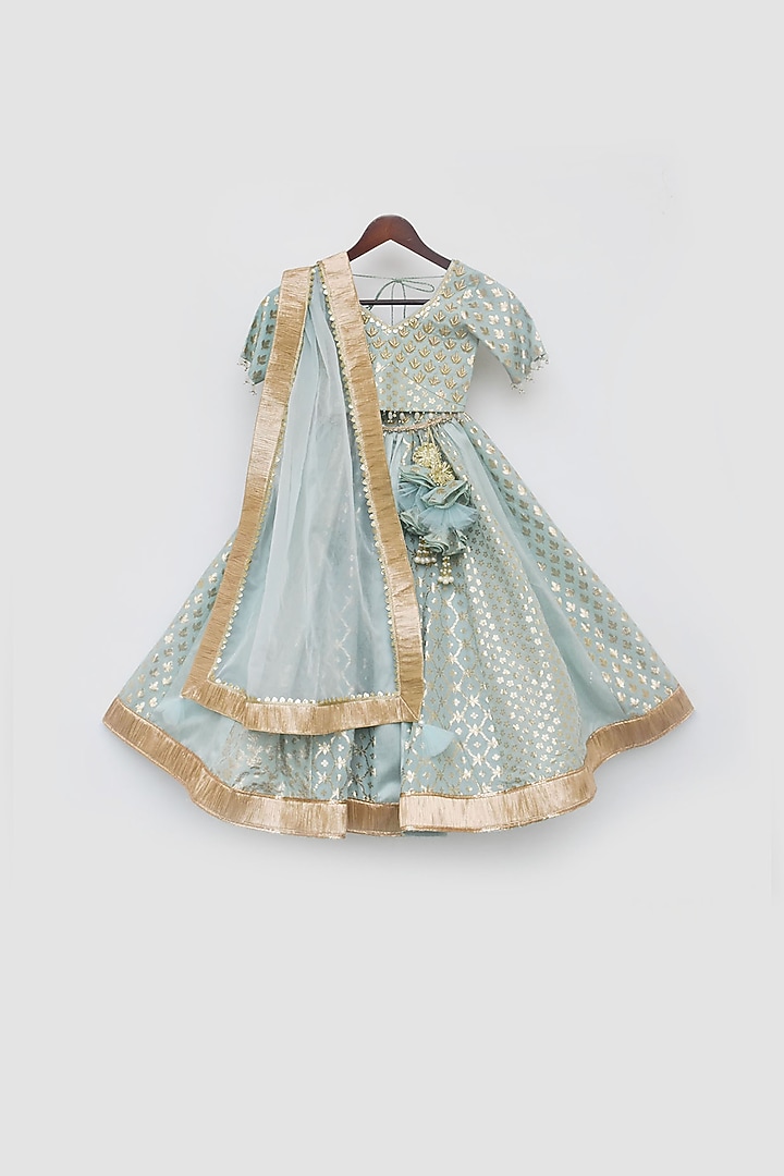 Blue Chanderi Golden Work Lehenga Set For Girls by Fayon Kids at Pernia's Pop Up Shop