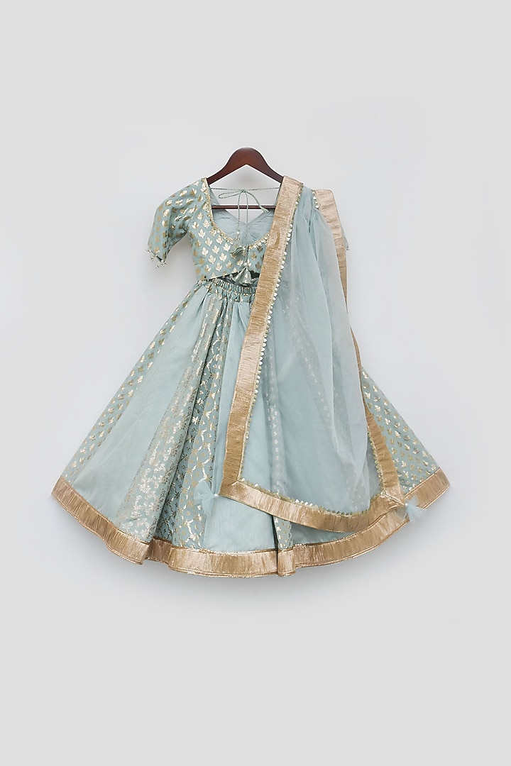 Blue Chanderi Golden Work Lehenga Set For Girls by Fayon Kids at Pernia's Pop Up Shop